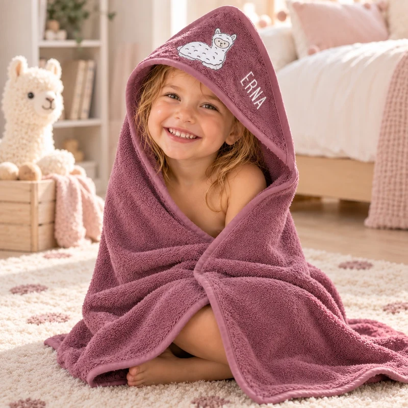 Kapuzenhandtuch mit Namen bestickt – Lamamotiv mauve
