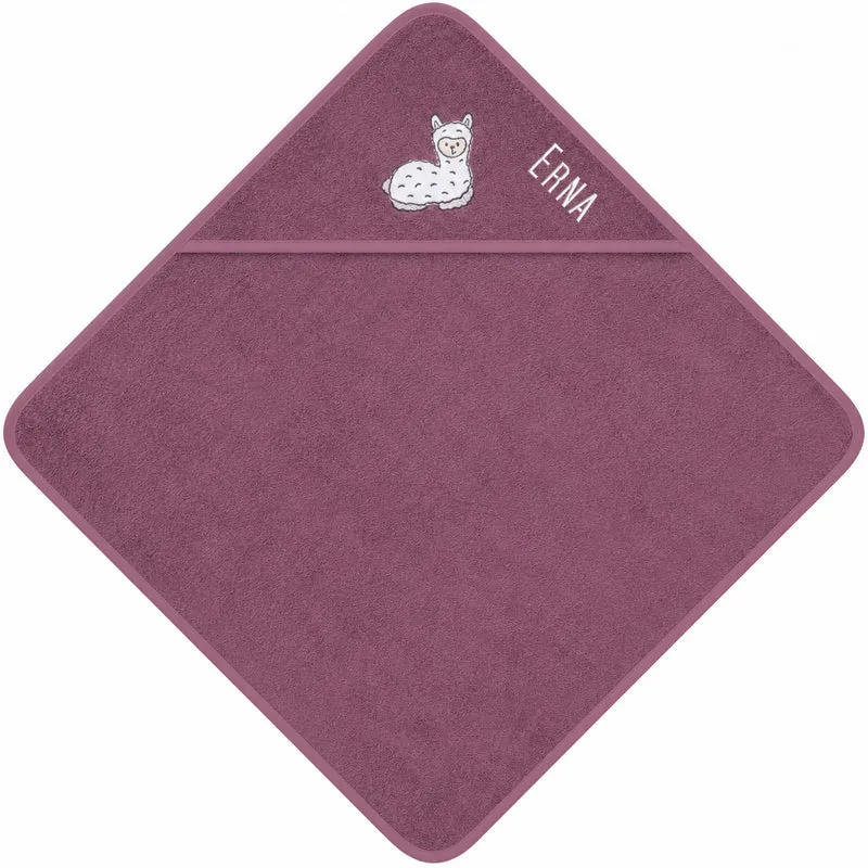 Kapuzenhandtuch mit Namen bestickt – Lamamotiv mauve