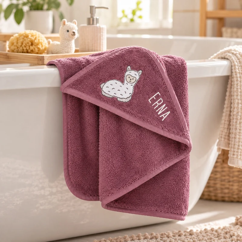 Kapuzenhandtuch mit Namen bestickt – Lamamotiv mauve