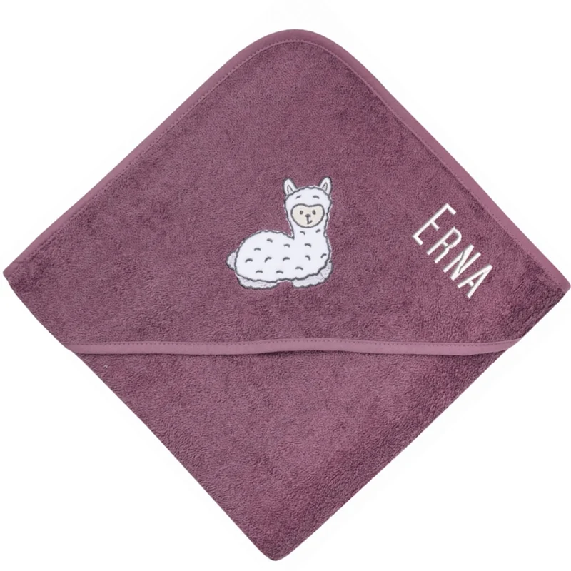 Kapuzenhandtuch mit Namen bestickt – Lamamotiv mauve