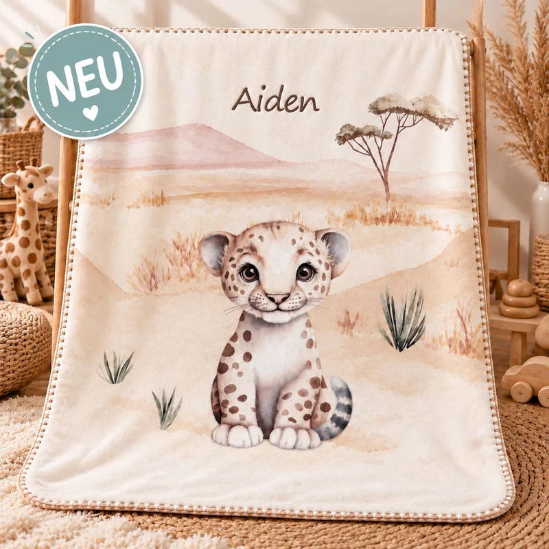 Babydecke mit Namen – Leopardenbaby Kleiner Leo – Super Soft-Velvet