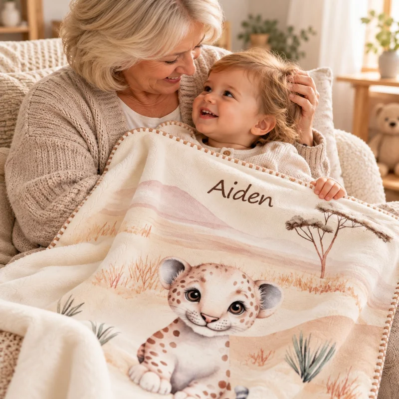 Babydecke mit Namen – Leopardenbaby Kleiner Leo – Super Soft-Velvet