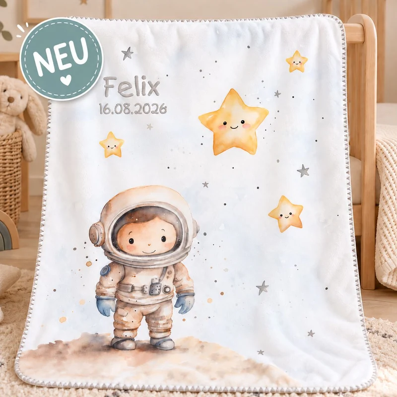 Babydecke mit Namen – Kleiner Astronaut – Super Soft-Velvet