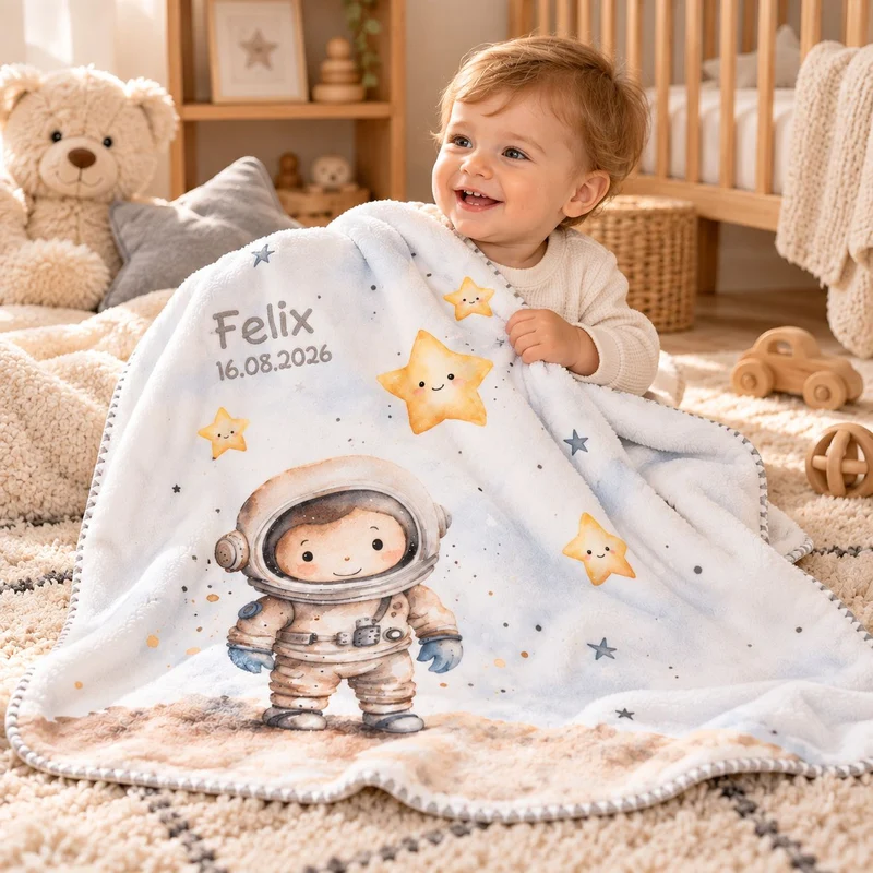 Babydecke mit Namen – Kleiner Astronaut – Super Soft-Velvet