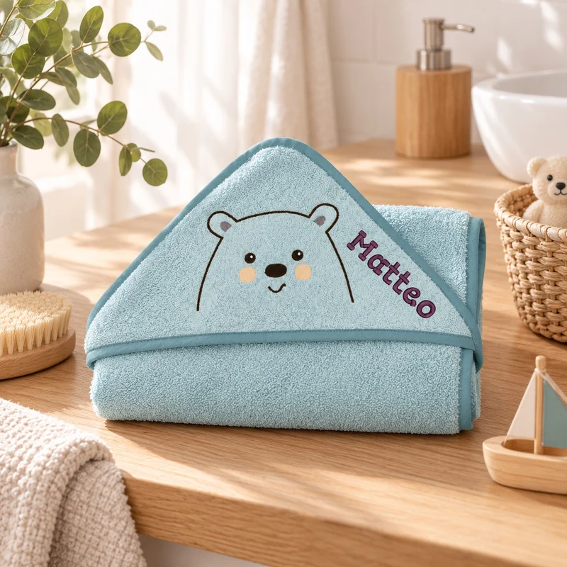 Kapuzenhandtuch mit Namen bestickt – Eisbär mint