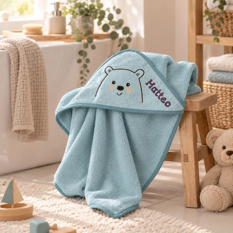 Kapuzenhandtuch mit Namen bestickt – Eisbär mint