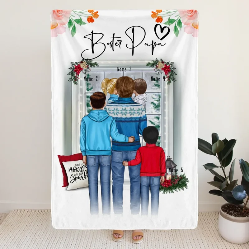 Personalisierte Decke - Papa/Vater + 1-4 Kinder - Weihnachtsdecke