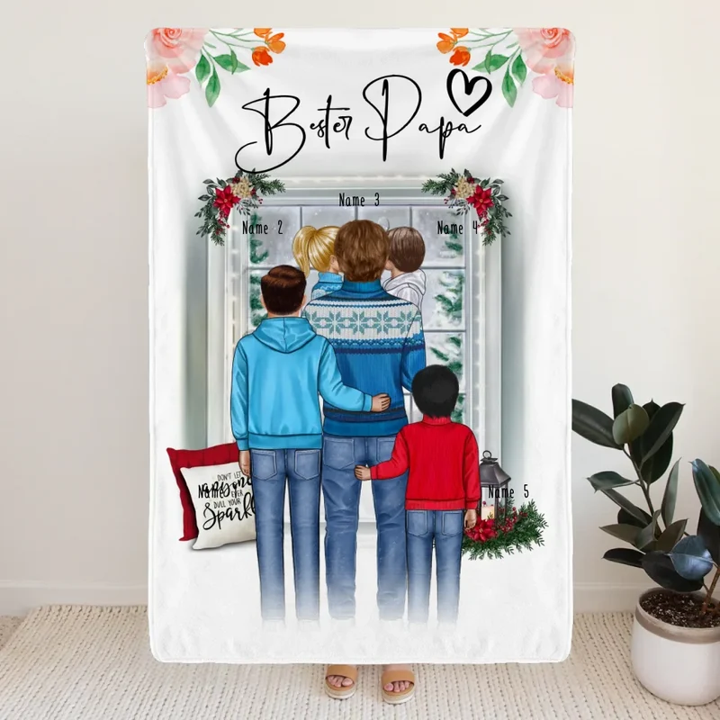 Personalisierte Decke - Papa/Vater + 1-4 Kinder - Weihnachtsdecke