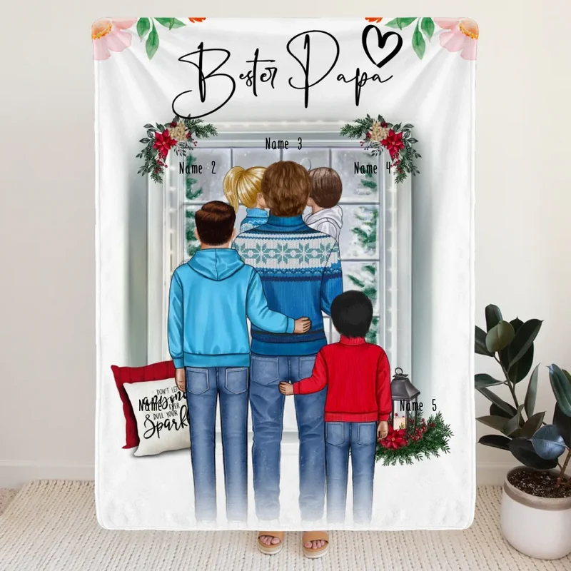 Personalisierte Decke - Papa/Vater + 1-4 Kinder - Weihnachtsdecke