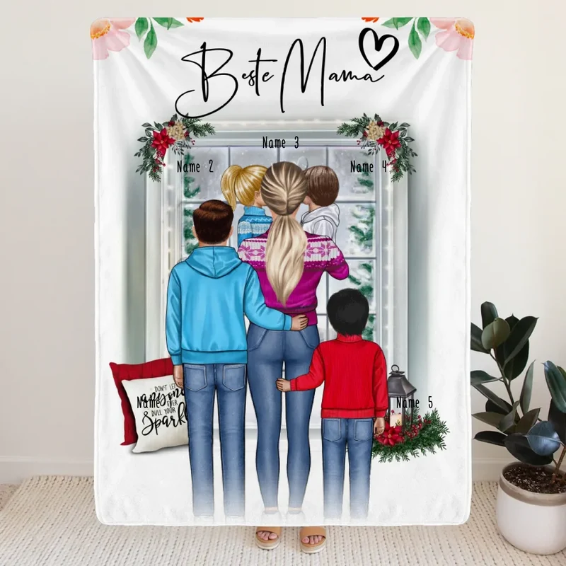 Personalisierte Decke - Mama/Mutter + 1-4 Kinder - Weihnachtsdecke