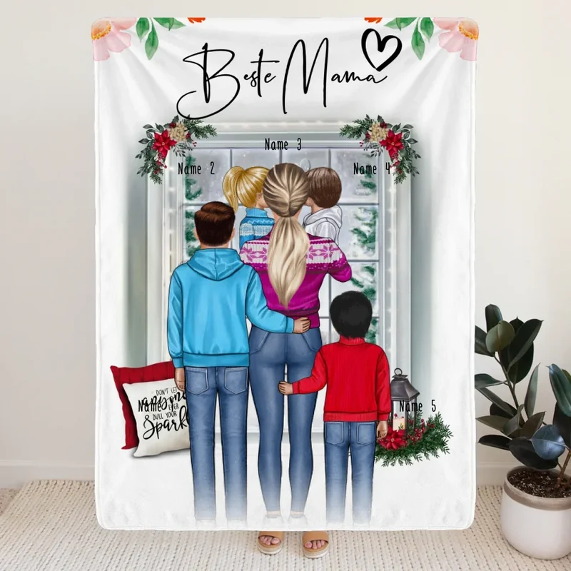 Personalisierte Decke - Mama/Mutter + 1-4 Kinder - Weihnachtsdecke