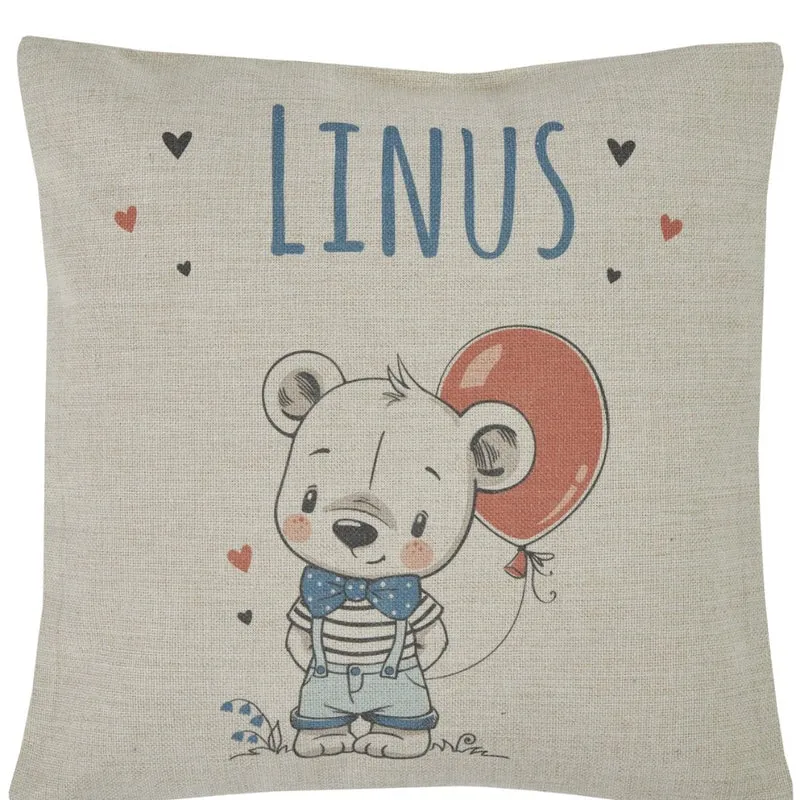 Wolimbo WSD Kissen mit Namen natur 40x40cm kleiner Bär BALLON - Leinen-Optik