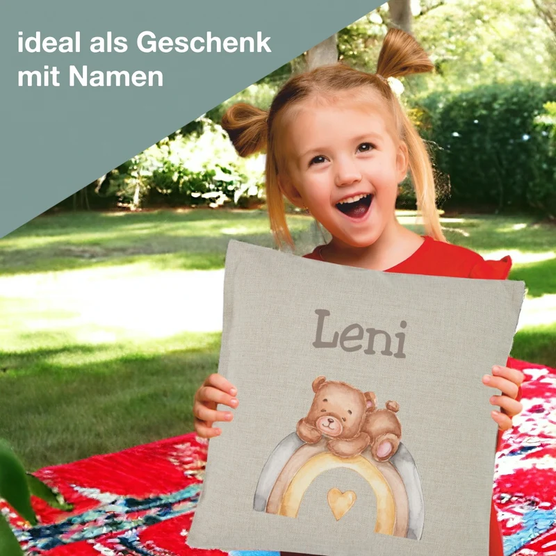 Wolimbo WSD Kissen mit Namen natur 40x40cm verträumtes Häschen - Leinen-Optik