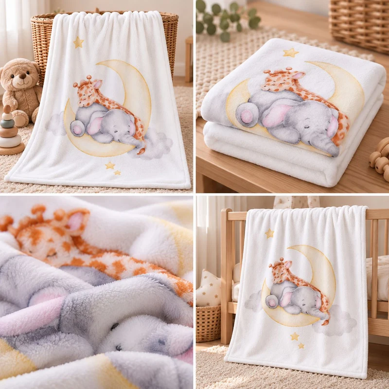 Babydecke mit Namen bestickt Tiere auf Mond 75x100cm
