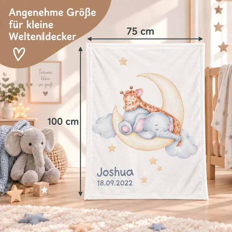 Babydecke mit Namen bestickt Tiere auf Mond 75x100cm