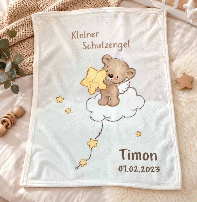 Babydecke mit Namen bestickt Kleiner Schutzengel 75x100cm