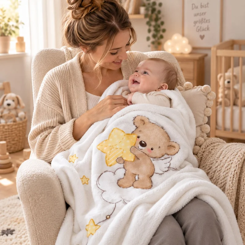 Babydecke mit Namen bestickt Kleiner Schutzengel 75x100cm