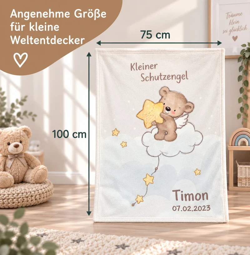 Babydecke mit Namen bestickt Kleiner Schutzengel 75x100cm