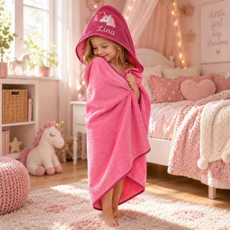 Kapuzenhandtuch mit Namen bestickt – Einhorn Rosa