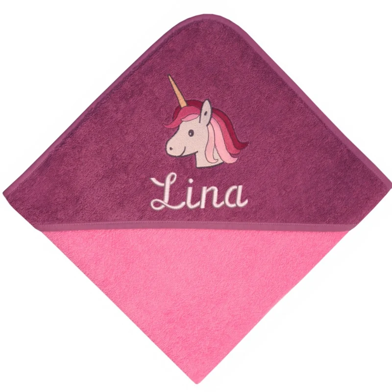 Kapuzenhandtuch mit Namen bestickt – Einhorn Rosa