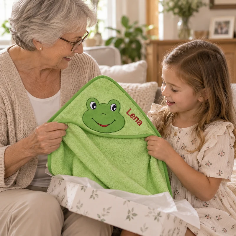 Frosch Kopf Kapuzenhandtuch mit Namen bestickt grün