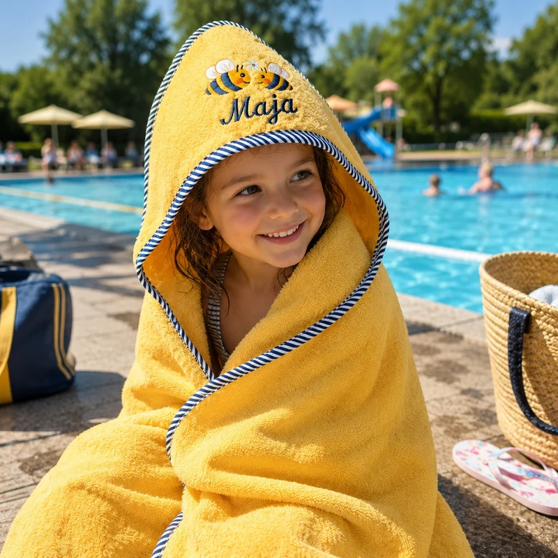 Kapuzenhandtuch mit Namen bestickt – Bienenmotiv gelb