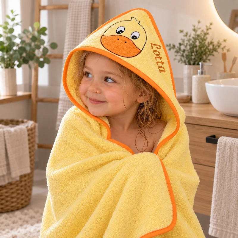 Kapuzenhandtuch mit Namen und Gesicht ENTE gelb-orange