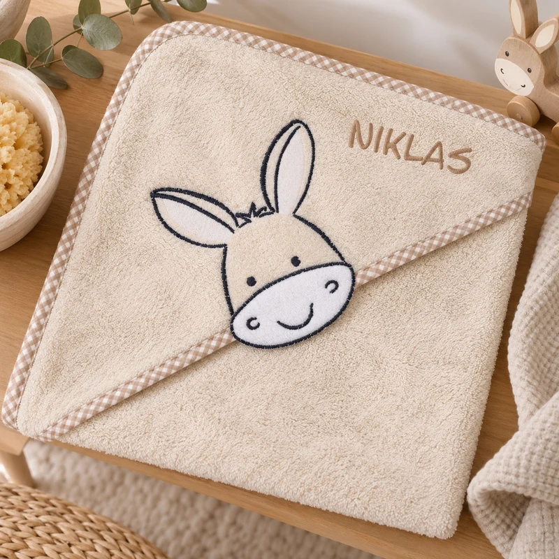 Kapuzenhandtuch mit Namen bestickt Esel Gesicht beige