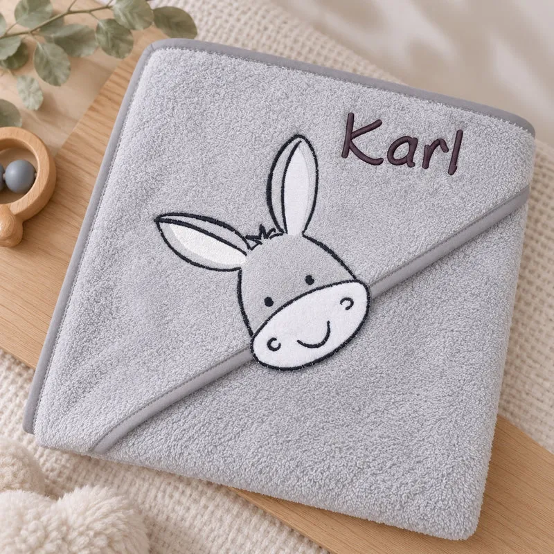 Kapuzenhandtuch mit Namen bestickt Esel Gesicht grau