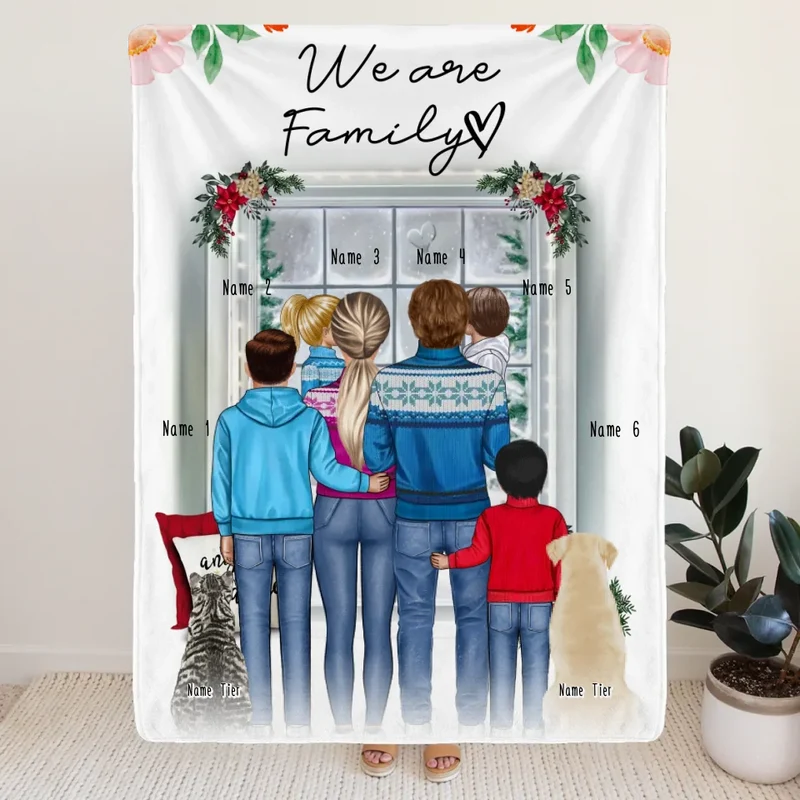 Personalisierte Decke - Familie + 1-4 Kinder + 1-2 Hunde/Katzen - Weihnachtsdecke
