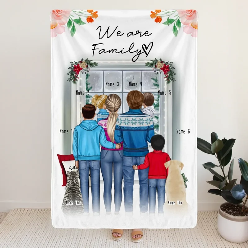 Personalisierte Decke - Familie + 1-4 Kinder + 1-2 Hunde/Katzen - Weihnachtsdecke