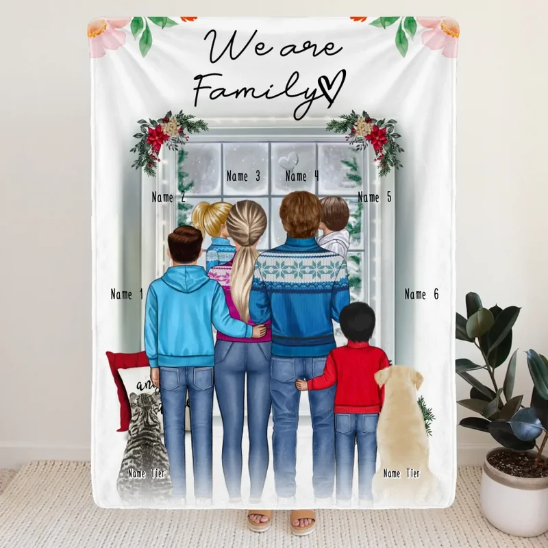 Personalisierte Decke - Familie + 1-4 Kinder + 1-2 Hunde/Katzen - Weihnachtsdecke