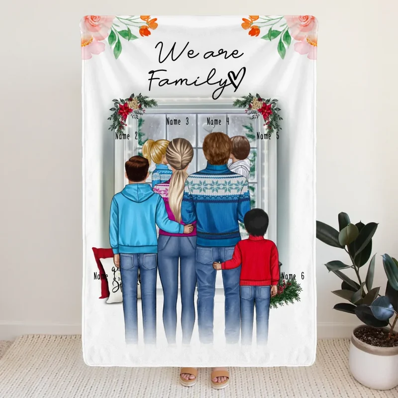 Personalisierte Decke - Familie + 1-4 Kinder - Weihnachtsdecke
