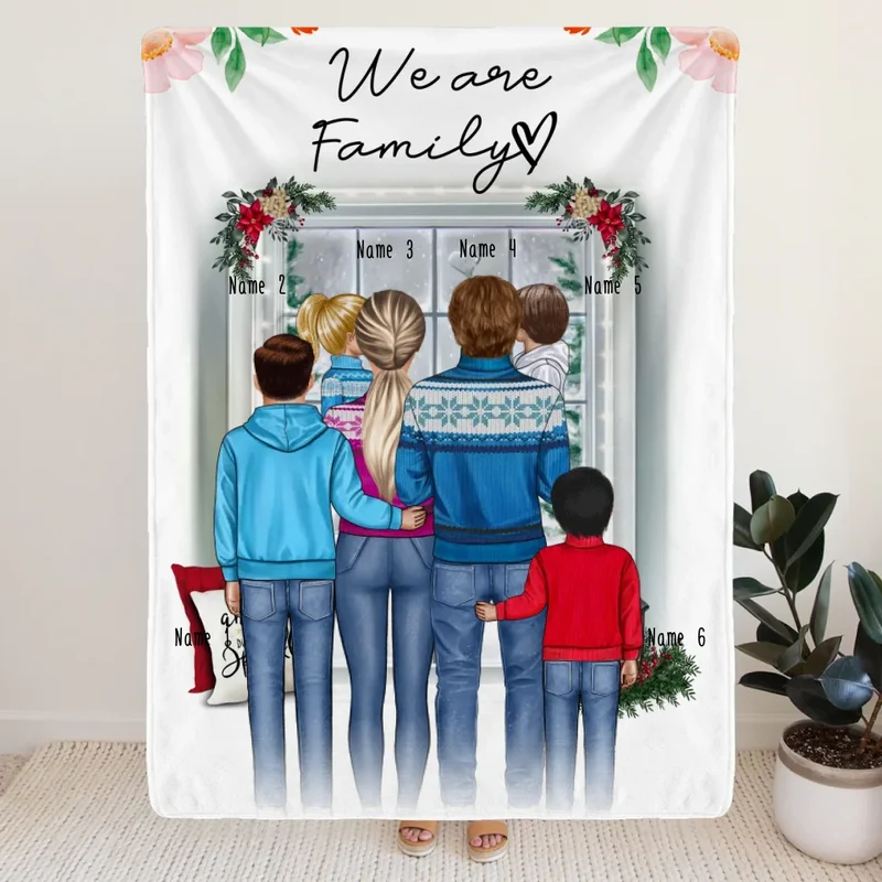 Personalisierte Decke - Familie + 1-4 Kinder - Weihnachtsdecke