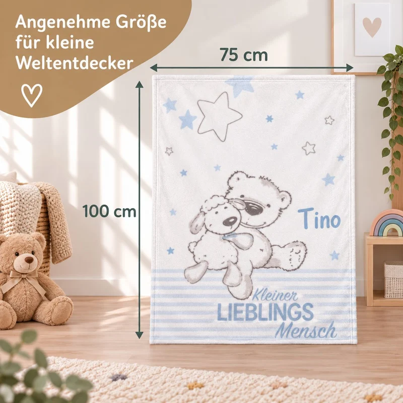 Hellblau Kleiner Lieblingsmensch Babydecke mit Namen bestickt 75x100cm