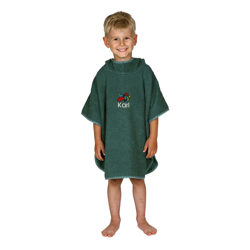 BIO Badeponcho DELUXE mit Namen bestickt piniengrün