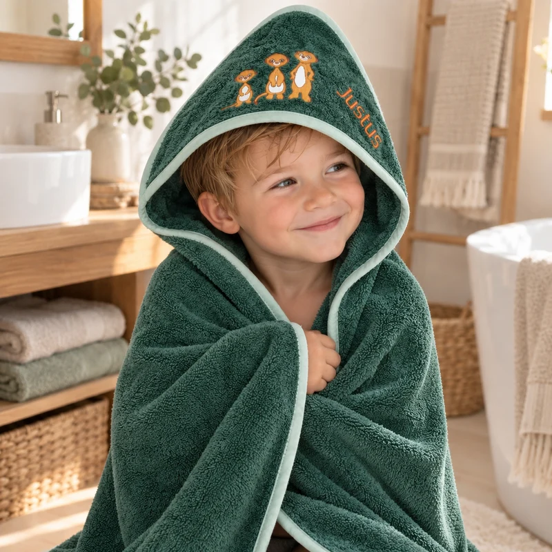 Kapuzenhandtuch mit Namen grün Erdmännchen Motiv
