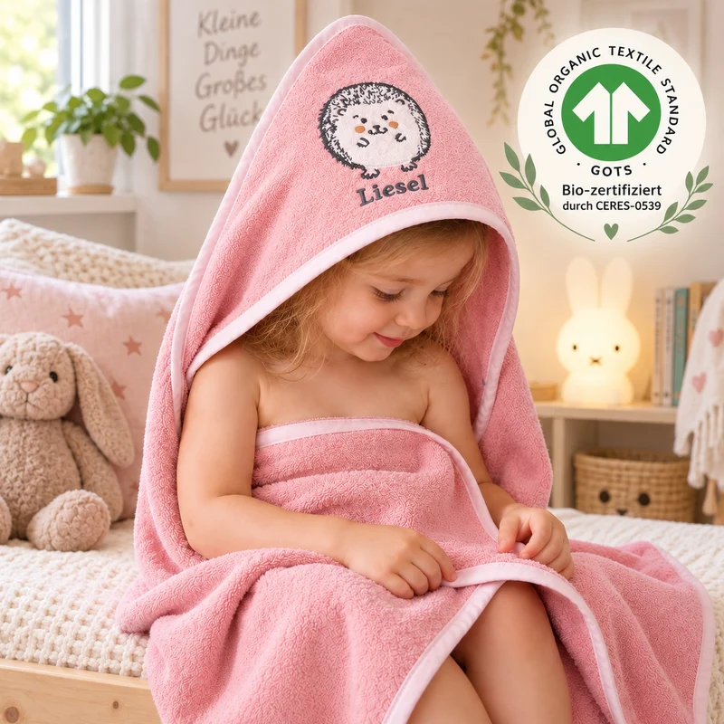 Igel rosa Kapuzenhandtuch mit Namen Bio-Baumwolle