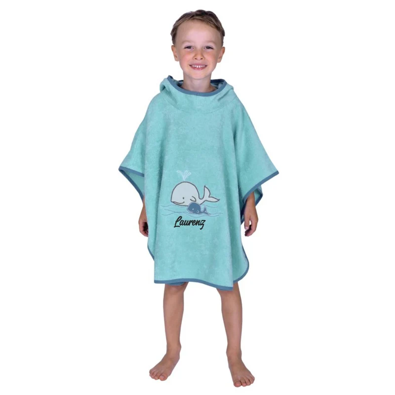 BIO Kinder Badeponcho mit Namen Wal Motiv kristallblau