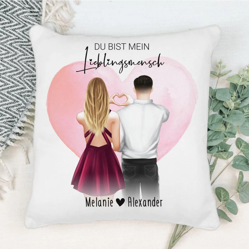 Personalisiertes Kissen mit Paar (stehend) - Herz mit Händen - Pärchen Kissen