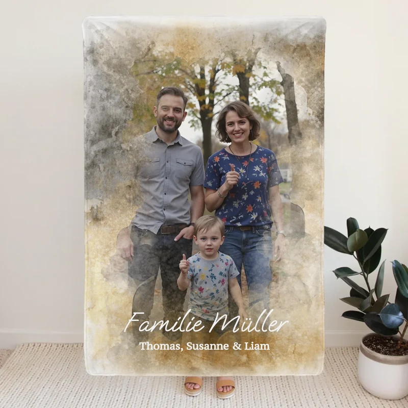 Personalisierte Decke mit deinem Bild im Wasserfarben Stil - Familie