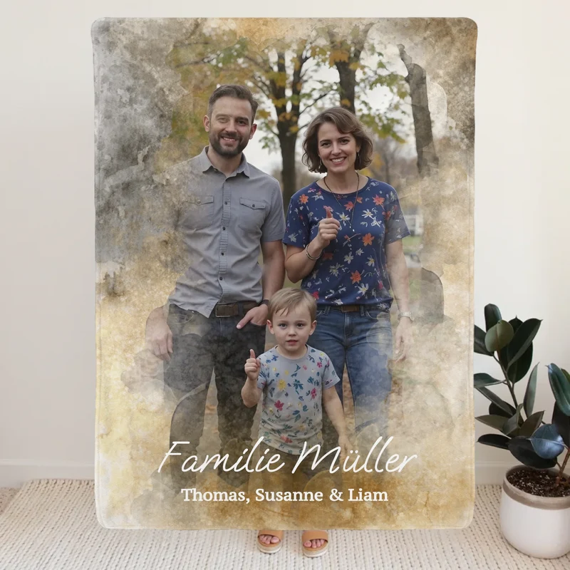 Personalisierte Decke mit deinem Bild im Wasserfarben Stil - Familie