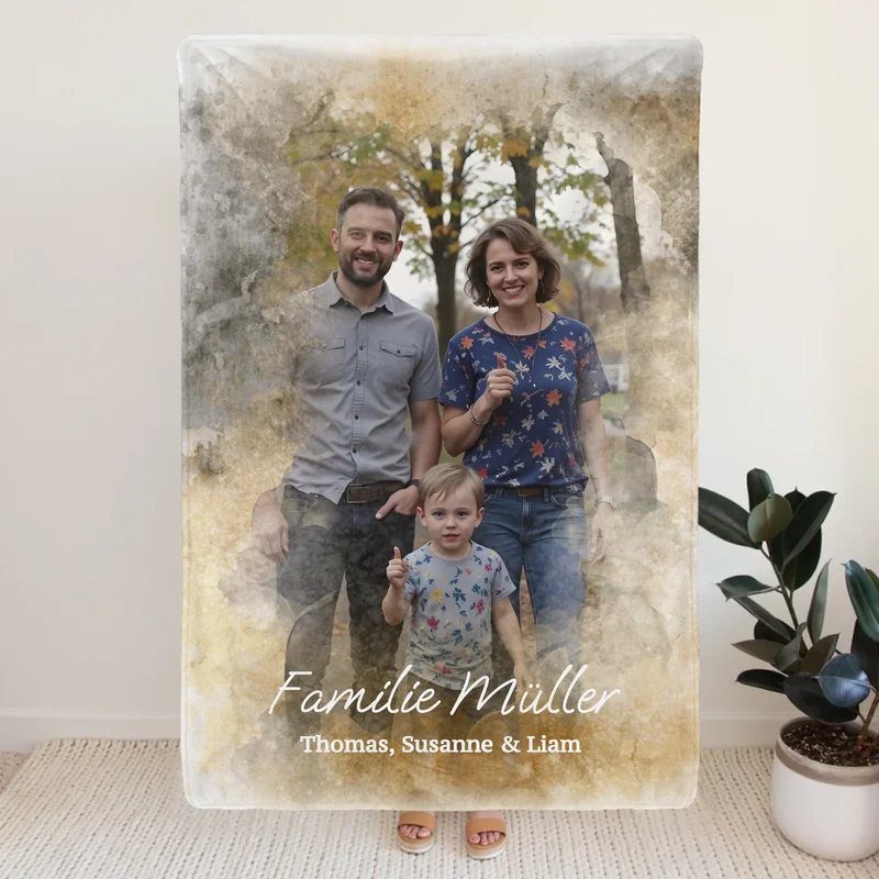 Personalisierte Decke mit deinem Bild im Wasserfarben Stil - Familie