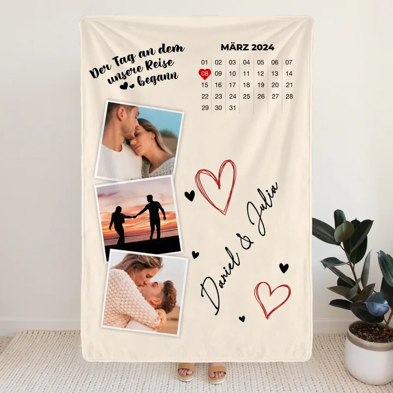 Personalisierte Decke - Der Tag an dem unsere Reise begann - Mit Kalender und Bildern