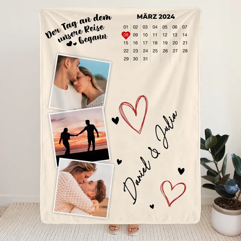 Personalisierte Decke - Der Tag an dem unsere Reise begann - Mit Kalender und Bildern