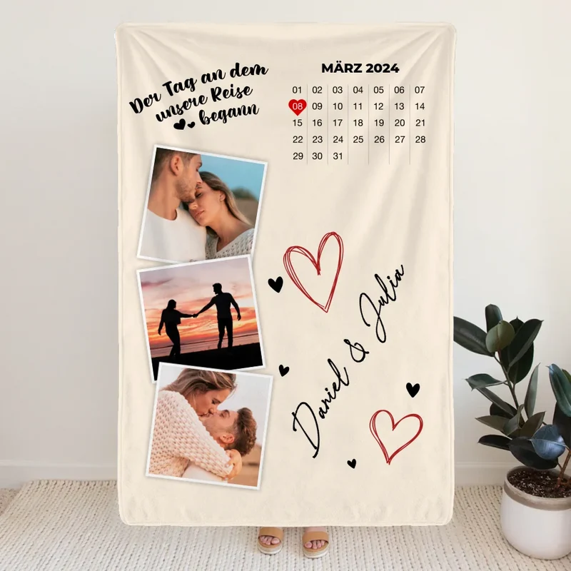 Personalisierte Decke - Der Tag an dem unsere Reise begann - Mit Kalender und Bildern