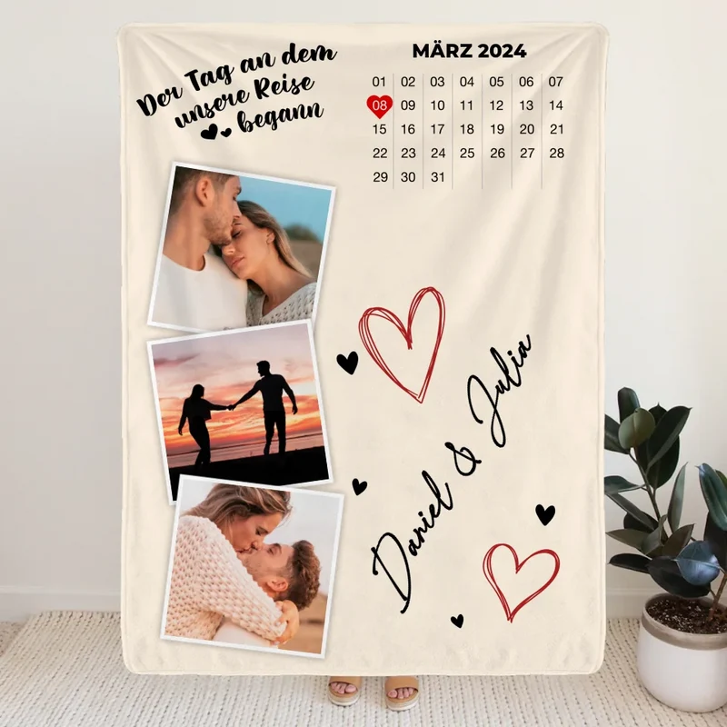 Personalisierte Decke - Der Tag an dem unsere Reise begann - Mit Kalender und Bildern