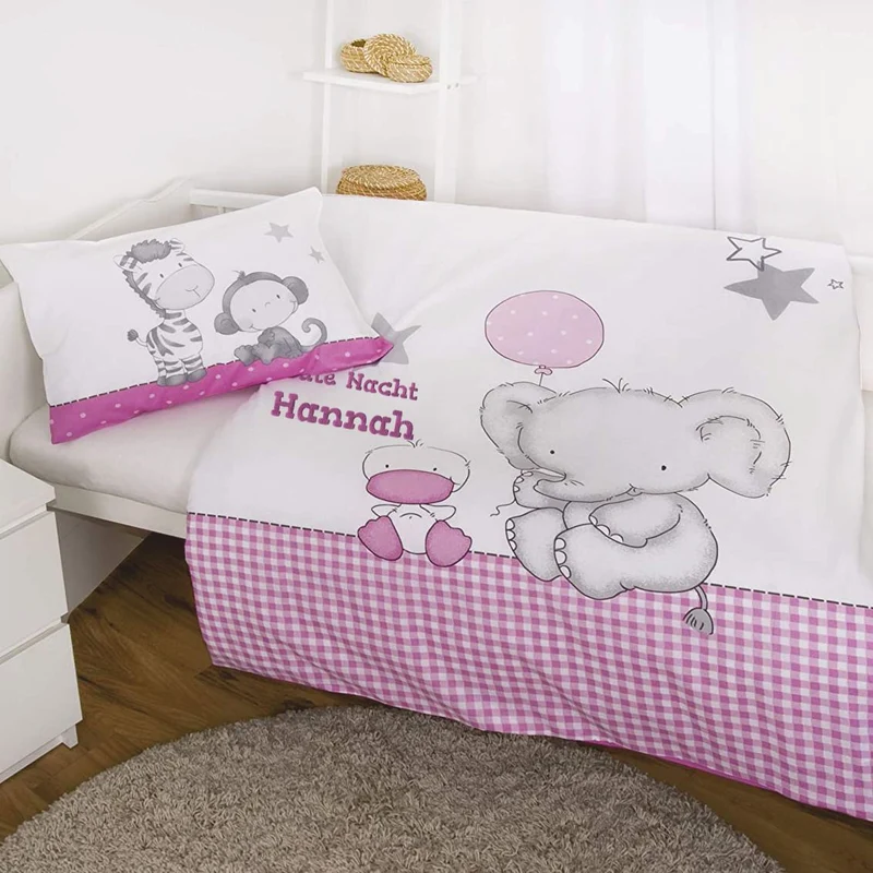 Elefanten Ballon Bettwäsche mit Namen bestickt rosa 100x135cm