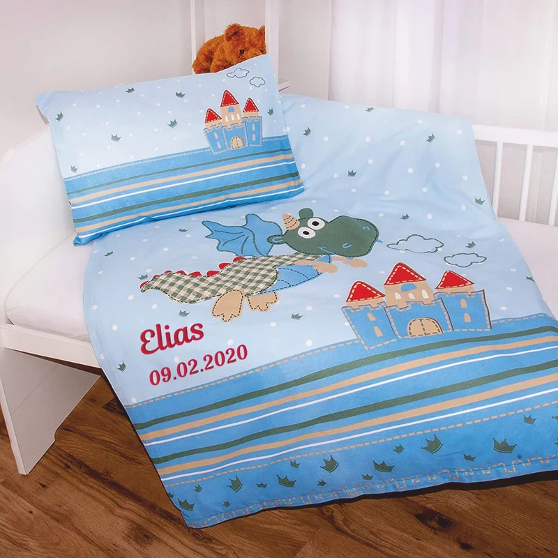 Bettwäsche blau mit Drachen Motiv 100x135cm Linon Baumwolle