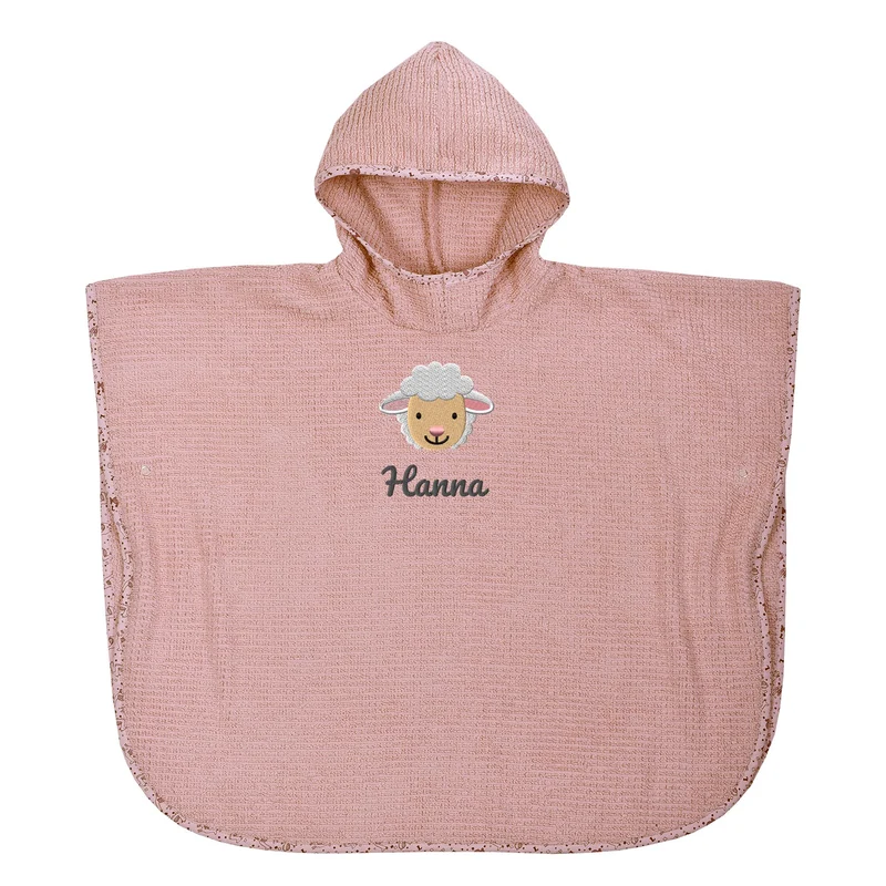 BIO Badeponcho DELUXE mit Namen bestickt altrosa Lamas
